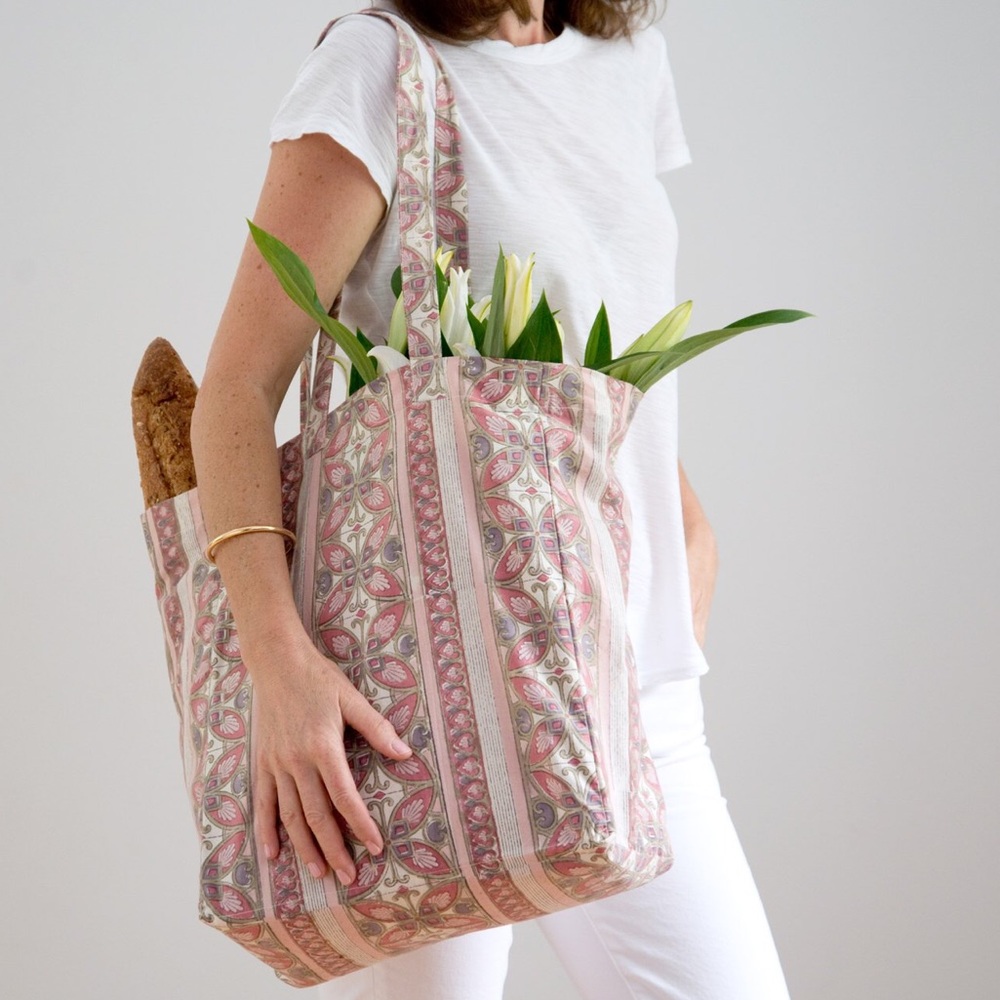Wood block Print Cotton Market Tote in Rose Mosaic